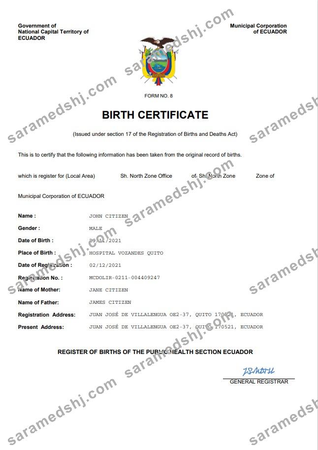 Ecuador vital record birth certificate Word and PDF template